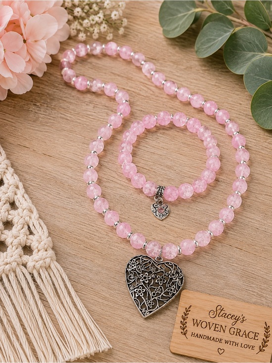 Jewelry - Handmade Rose Quartz Pink Beaded Necklace and Bracelet Set with Heart Pendant